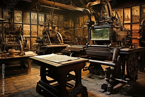 Vintage printshop with historic printing press. Generative AI