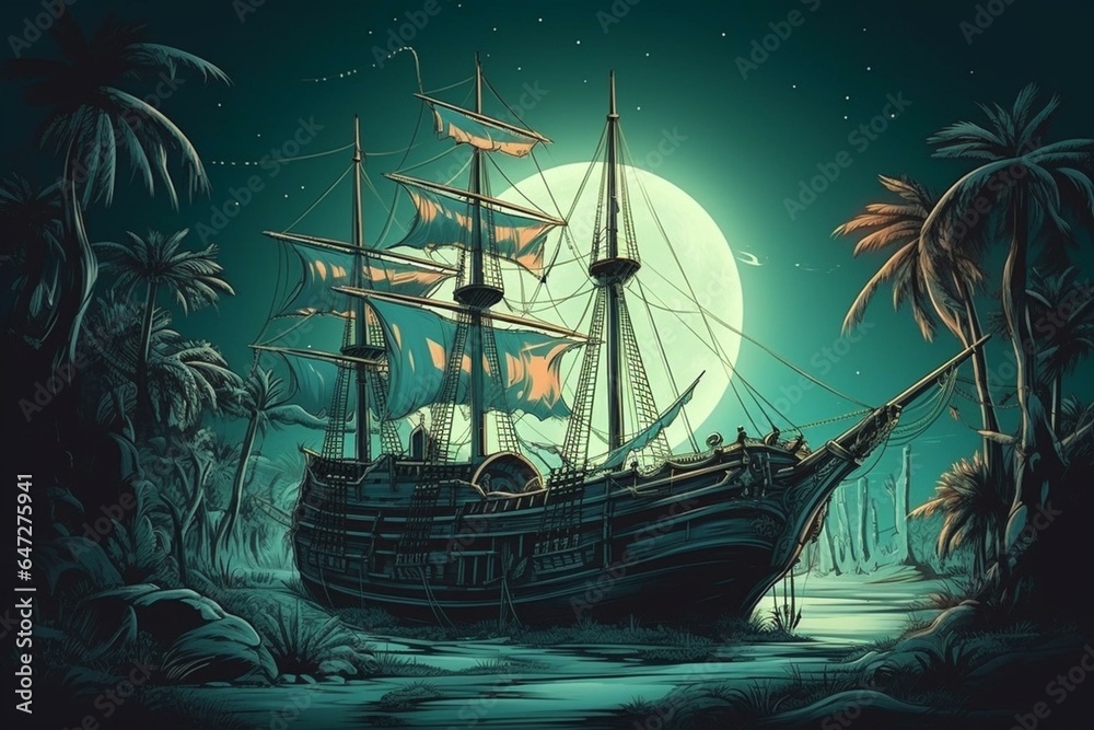 Jungle beach pirate ship illustration at night with contrasting colors. Generative AI