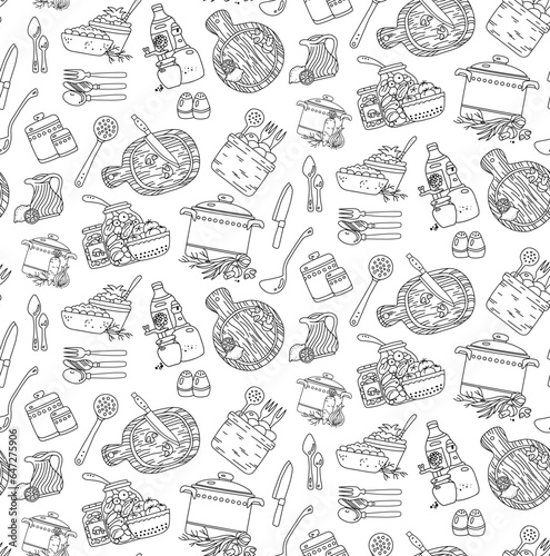 Seamless pattern with variety of dishes with food on white background. Vector illustration with kitchenware