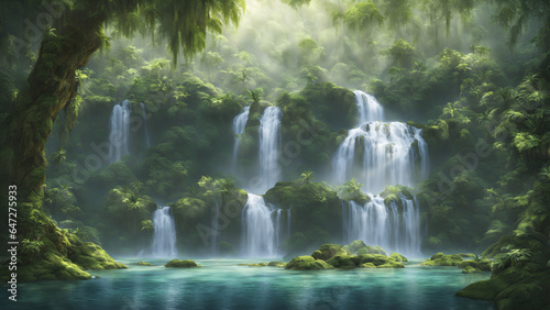 Waterfall in a lush green jungle
