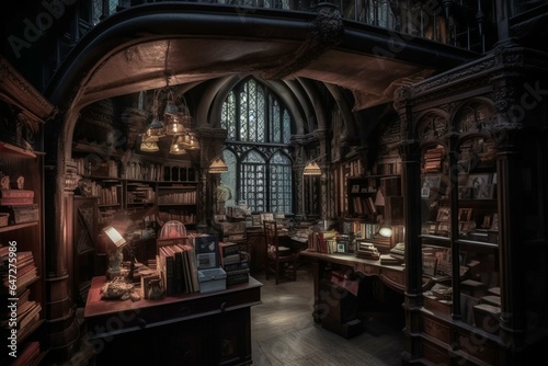 Eerie store with Gothic decor, RPG ambiance, dim lamps, and shelves stacked with books. Generative AI
