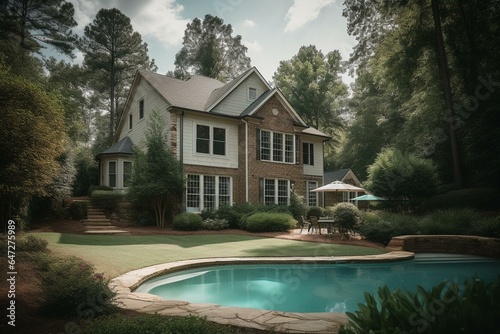 Two-story house with a swimming pool in a peaceful neighborhood of well-trimmed yards and a new development in suburban Atlanta, Georgia, USA. Generative AI © Nerissa