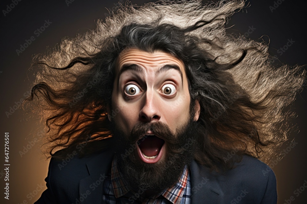 A man with long hair and a beard wearing a surprised expression on his face. This image can be used to depict shock, astonishment, or disbelief in various contexts.