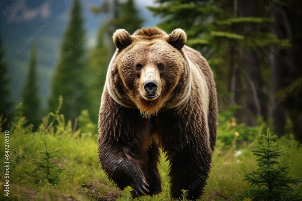A large brown bear walking through a lush green forest. This picture can be used to depict wildlife, nature, and forest conservation. A large brown bear walking through a lush green forest. This picture can be used to depict wildlife, nature, and forest conservation.