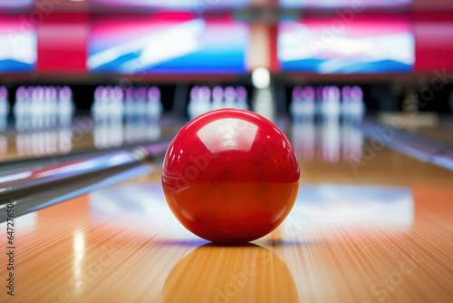 A red bowling ball sits prominently on top of a bowling alley. This image can be used to showcase the sport of bowling or to depict leisure activities and social gatherings.