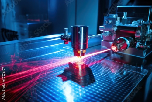 A laser is being used to cut a piece of metal. This image can be used to depict industrial processes or technology advancements.