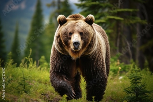 A large brown bear walking through a lush green forest. This picture can be used to depict wildlife, nature, and forest conservation. © Fotograf