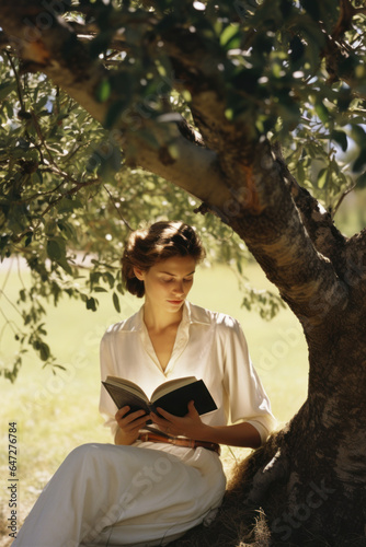 a young white woman reading a book under a tree in park/nature vacation holiday setting with coastal background book cover/editorial advertisement magazine style film photography look