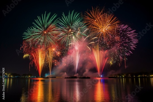 A magnificent exhibition of vibrant fireworks illuminating the dark sky. Generative AI © Osiris