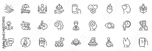 Icons pack as Businessman, Justice scales and Sunbed line icons for app include Time management, Stress, Location app outline thin icon web set. Ask question, Augmented reality. Vector