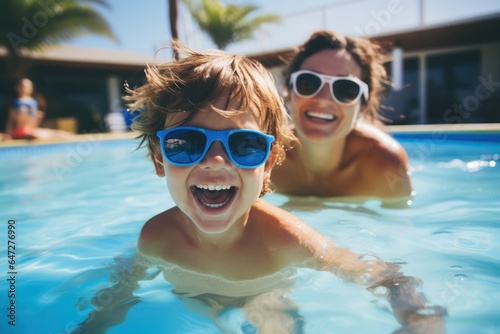 Happy mothers with young son swim in a pool of warm clear water on vacation. Satisfied child learns to swim with his mother in the pool, close-up © Kowit