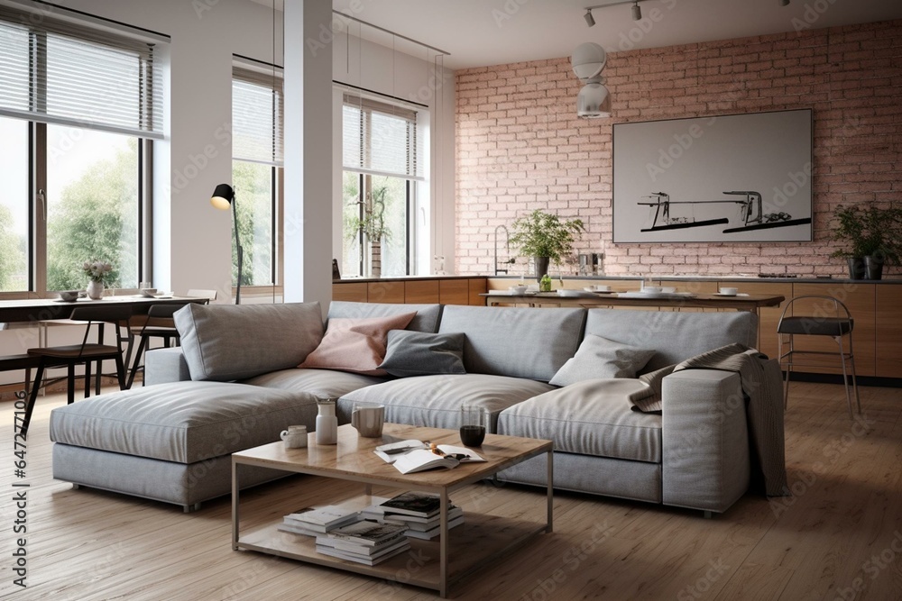 Modern living space with a spacious couch in a well-ventilated flat. Generative AI