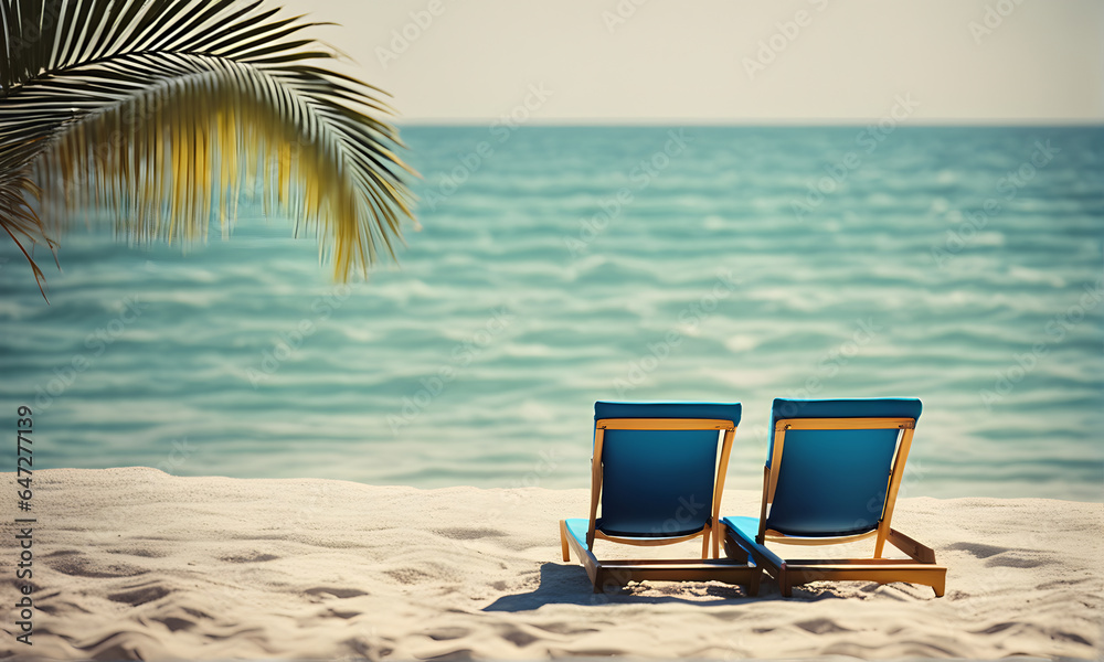 Relaxing beach vacation with a lounge chairs and palm trees