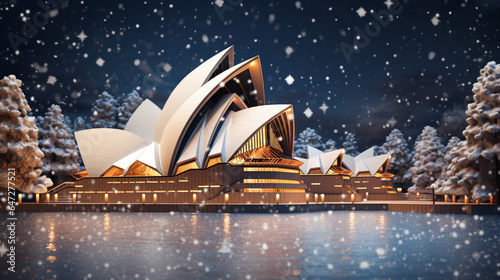 Opera house in Christmas theme background with snow falling in paper art and craft design concept. Created using generative AI.