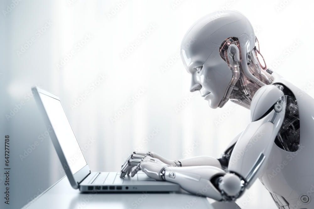 android robot writing on a laptop android robot writing on a laptop