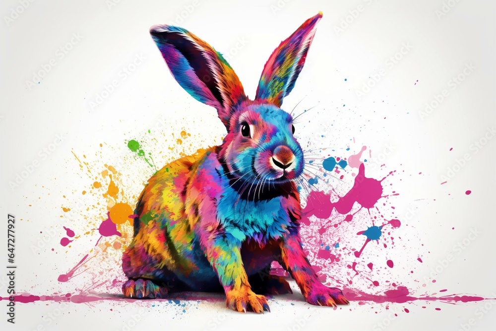 Artistic Easter bunny with vibrant color splashes. Generative AI