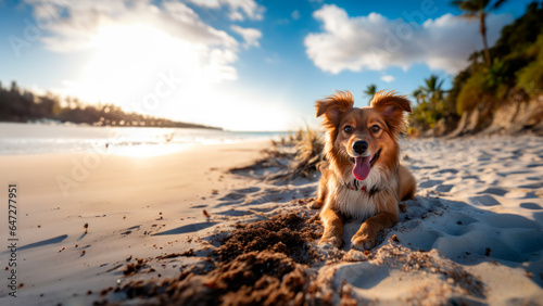 Happy Dog resting on the sand, an image of happiness