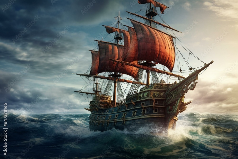 Old pirate vessel sailing across the ocean. Generative AI
