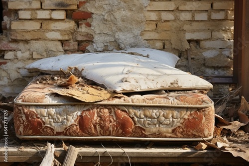 Neglected roof with discarded, rusty and soiled mattress left outside leaning against a wall. Generative AI © Daniel