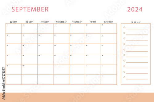 September 2024 calendar. Monthly planner template. Vector design
