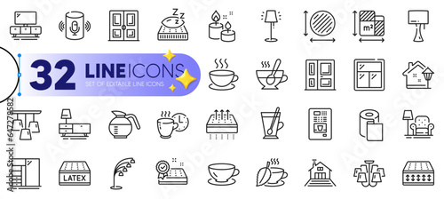 Outline set of Door, Dresser and Mattress line icons for web with Mattress guarantee, Street light, Stand lamp thin icon. Paper wallpaper, Table lamp, Armchair pictogram icon. Tv stand. Vector