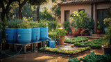Rain barrels in the garden are set up to feed a comprehensive irrigation network.