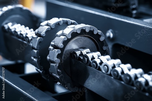 Gear chain drive shaft in conveyor belt is on production line. Timing chain of car, tensioners in engine. Industrial roller chain, technology. Team work, business industrial, Generative AI