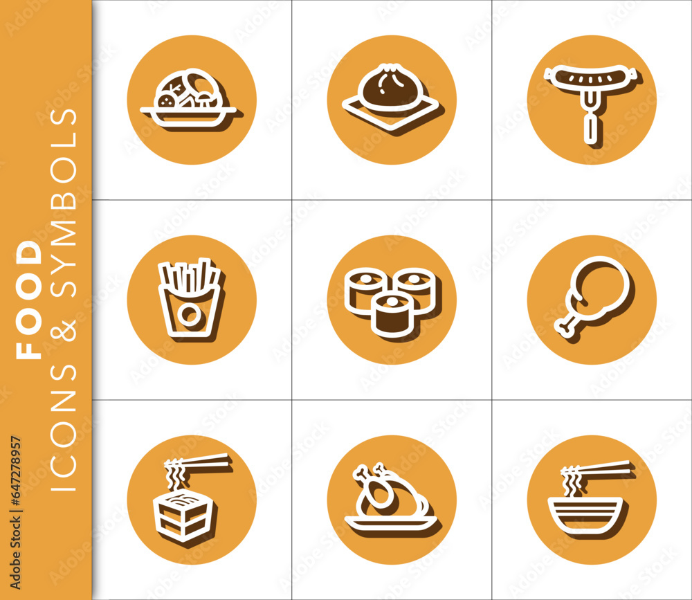 Icons and symbols set related to food with shadow on orange background. Vector isolated graphic. Icons and symbols set related to food with shadow on orange background. Vector isolated graphic.