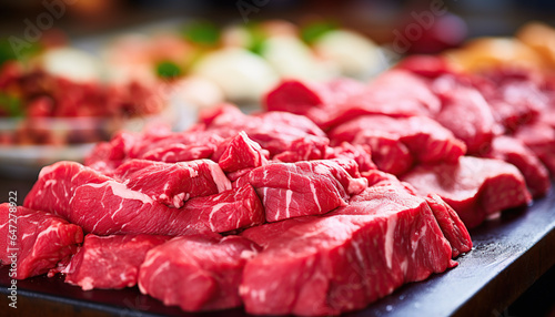 Fresh raw beef meat at traditional market