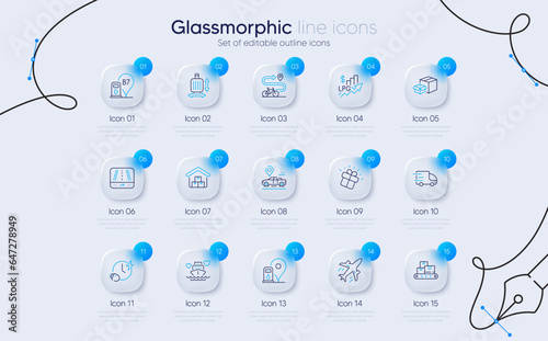 Set of Plane, Charging time and Baggage size line icons for web app. Petrol station, Bike path, Gps icons. Truck delivery, Diesel station, Honeymoon cruise signs. Wholesale goods. Vector