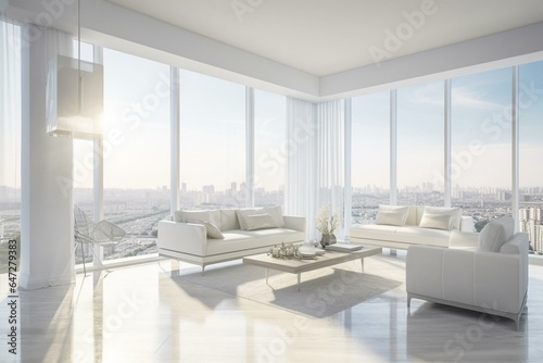 Contemporary living room featuring spacious open door, overlooking cityscape. Adorned with white fabric furniture, bathed in sunlight. Generative AI © Evadne
