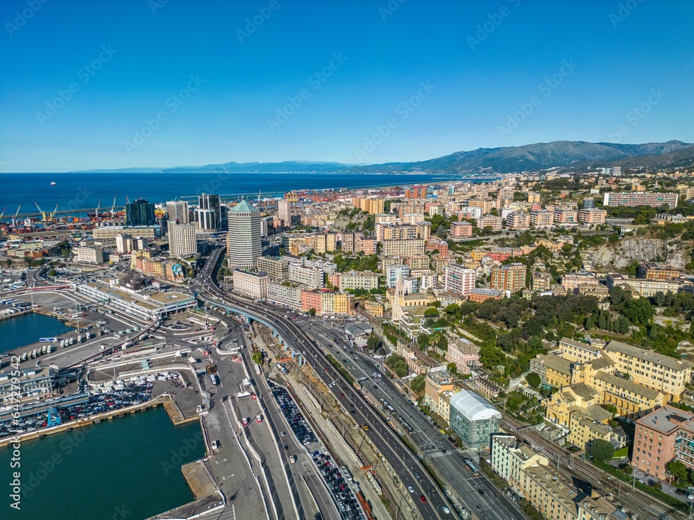 The drone aerial view of San Benigno, Genoa, Italy. San Benigno is a modern business district and services in the municipality of Genoa.