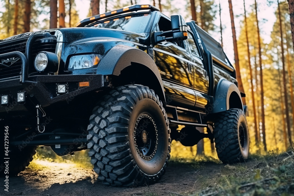 Offroad truck jeeep is in the image. Truck has big tires and trees at background