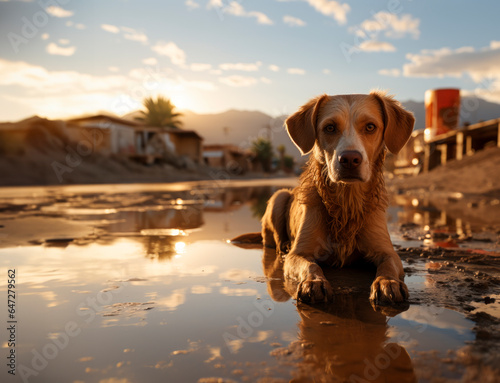 Generated imageDog in a puddle, thoughtful look to the horizon