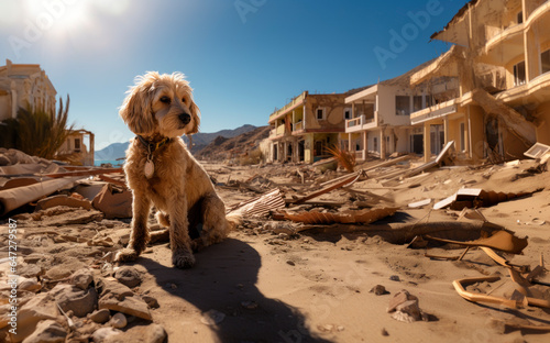 Dog contemplating his surroundings after a natural disaster