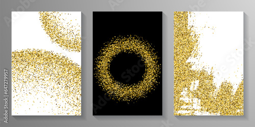 Shiny gold confetti dust scatter texture. Triangle square circle star granules noise. Banner template. Blink scruple elements dot confetti. Party decoration stardust explosion