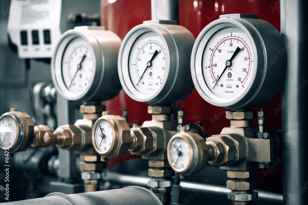 Industrial  concept. equipment of the boiler-house, tubes, pressure gauges, thermometer. Close up of manometer, pipe, flow meter, water pumps and valves of heating system in a boiler, Generative AI - obrazy, fototapety, plakaty 