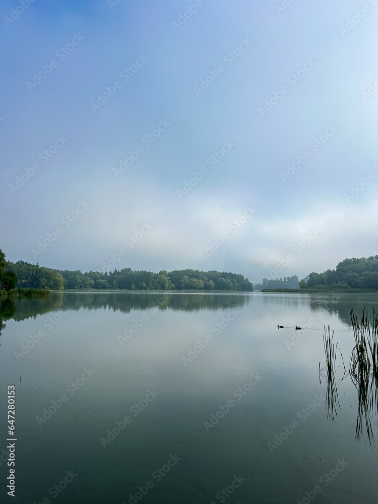 Mystical morning at the fog-kissed lake, where nature's beauty emerges through the ethereal mist. Mystical morning at the fog-kissed lake, where nature's beauty emerges through the ethereal mist.