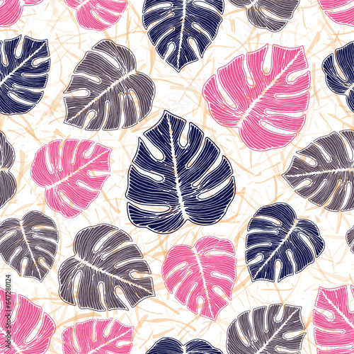 Ceriman jungle leaves floral repeat rapport over noisy background. Beautiful