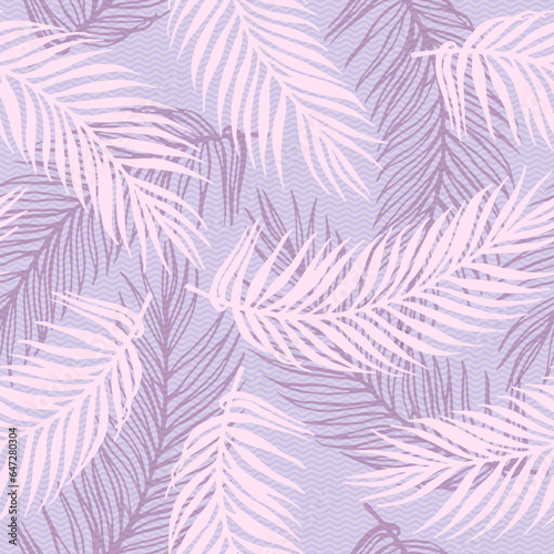 Repeat jungle palm leaves vector pattern. Botanical design over waves texture