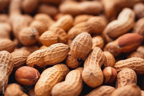 Roasted salty peanuts in a shell, with more peanuts as background