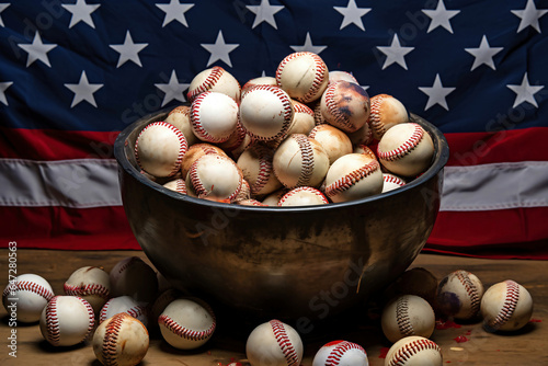 Photo of a patriotic display with an American flag and a bowl filled with baseballs photo