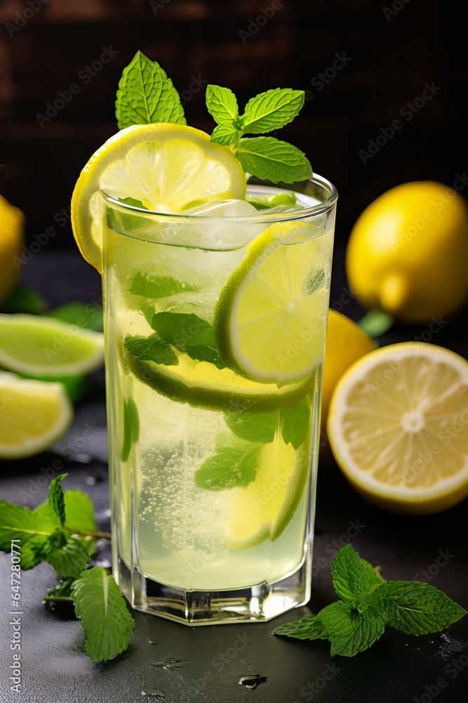 Fototapeta premium Lemon and lime drink served in a glass with ingredients in the background