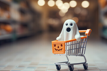 Halloween style background. cute ghost in a shopping cart. discounts and sales in honor of October 31st. shopping concept. place for text. copy space. generative ai