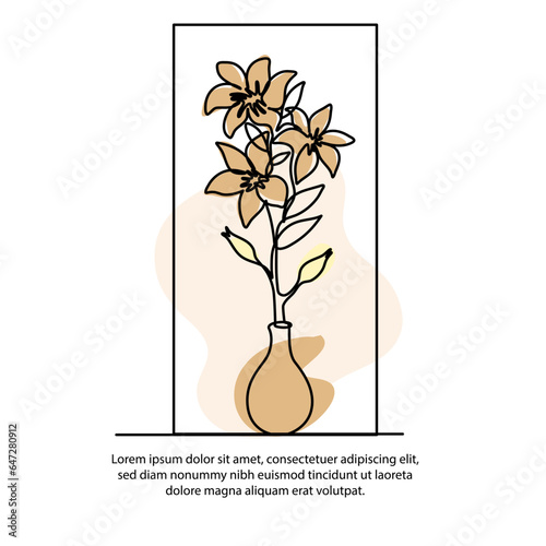 One line flower vase poster drawing with a beautiful frame. Abstract minimal continuous line wall decor.