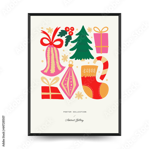 Merry Christmas and Happy New Year vertical flyer or poster template. Modern trendy Matisse minimal style. Hand drawn design for wallpaper, wall decor, print, postcard, cover, template, banner.