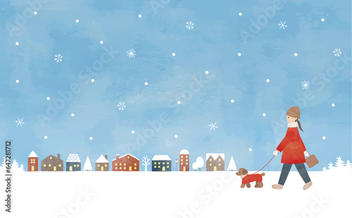 雪の街で犬の散歩をする女性水彩画