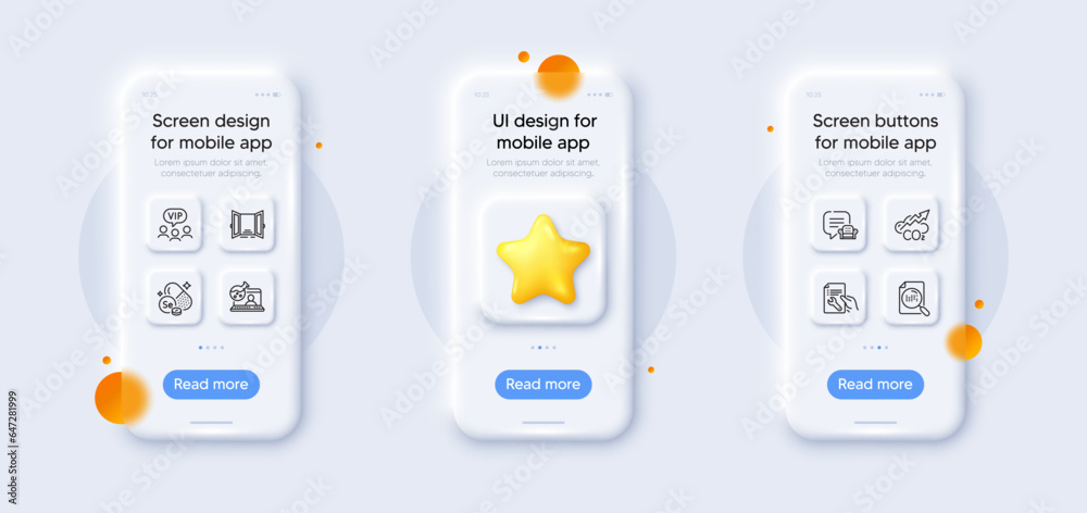 Co2, Repair document and Online chemistry line icons pack. 3d phone mockups with star. Glass smartphone screen. Search file, Vip clients, Open door web icon. Vector