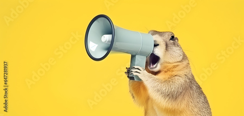 Woodchuck announcing using hand speaker. Notifying, warning, announcer photo