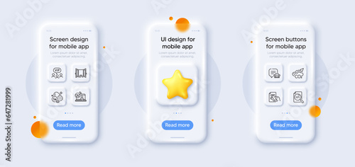 Co2, Repair document and Online chemistry line icons pack. 3d phone mockups with star. Glass smartphone screen. Search file, Vip clients, Open door web icon. Vector